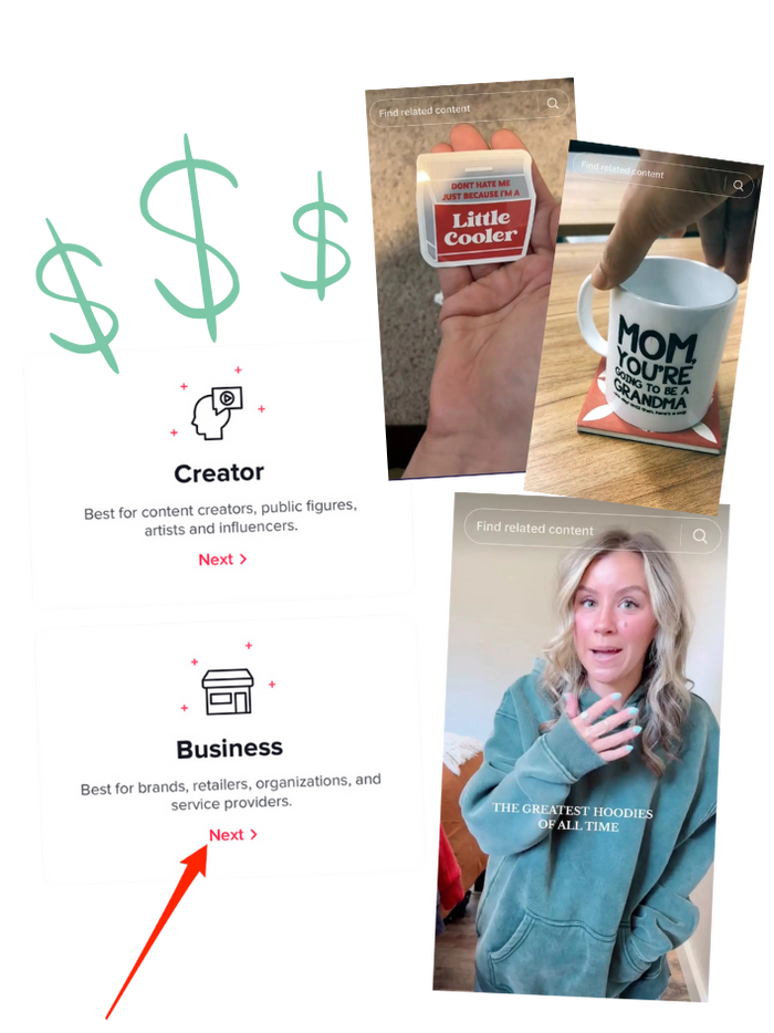 mockup of creator and business accounts for tiktok with product video screenshots
